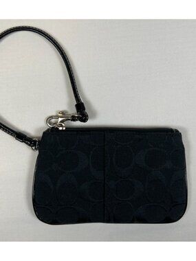 COACH Women OS Signature C Black Canvas Wristlet Pouch Light Blue Interior